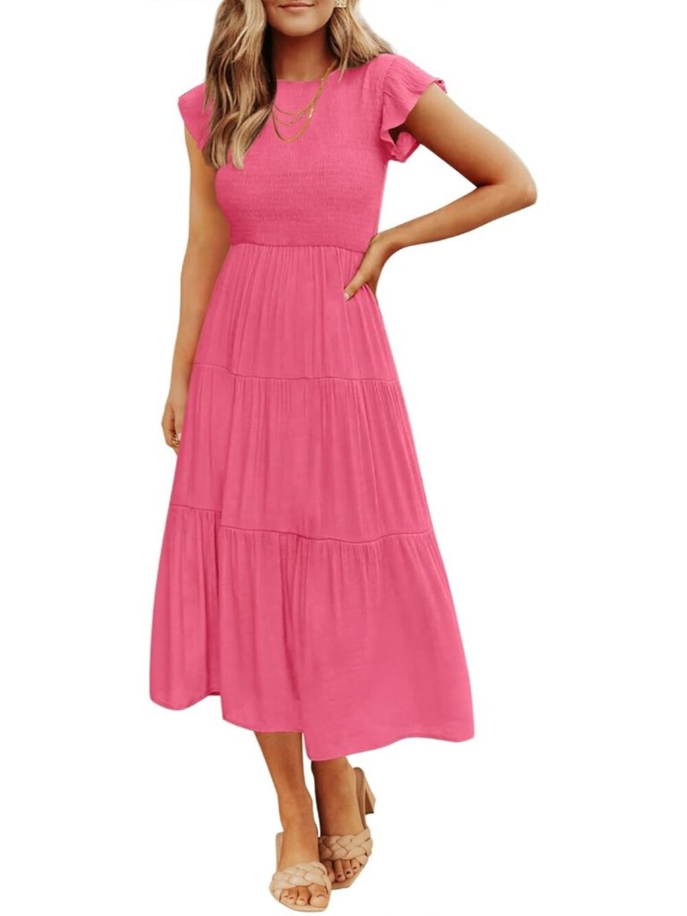〽️Women’s Hot Pink Flutter Sleeve Smocked Midi Dress Boho Tiered Summer